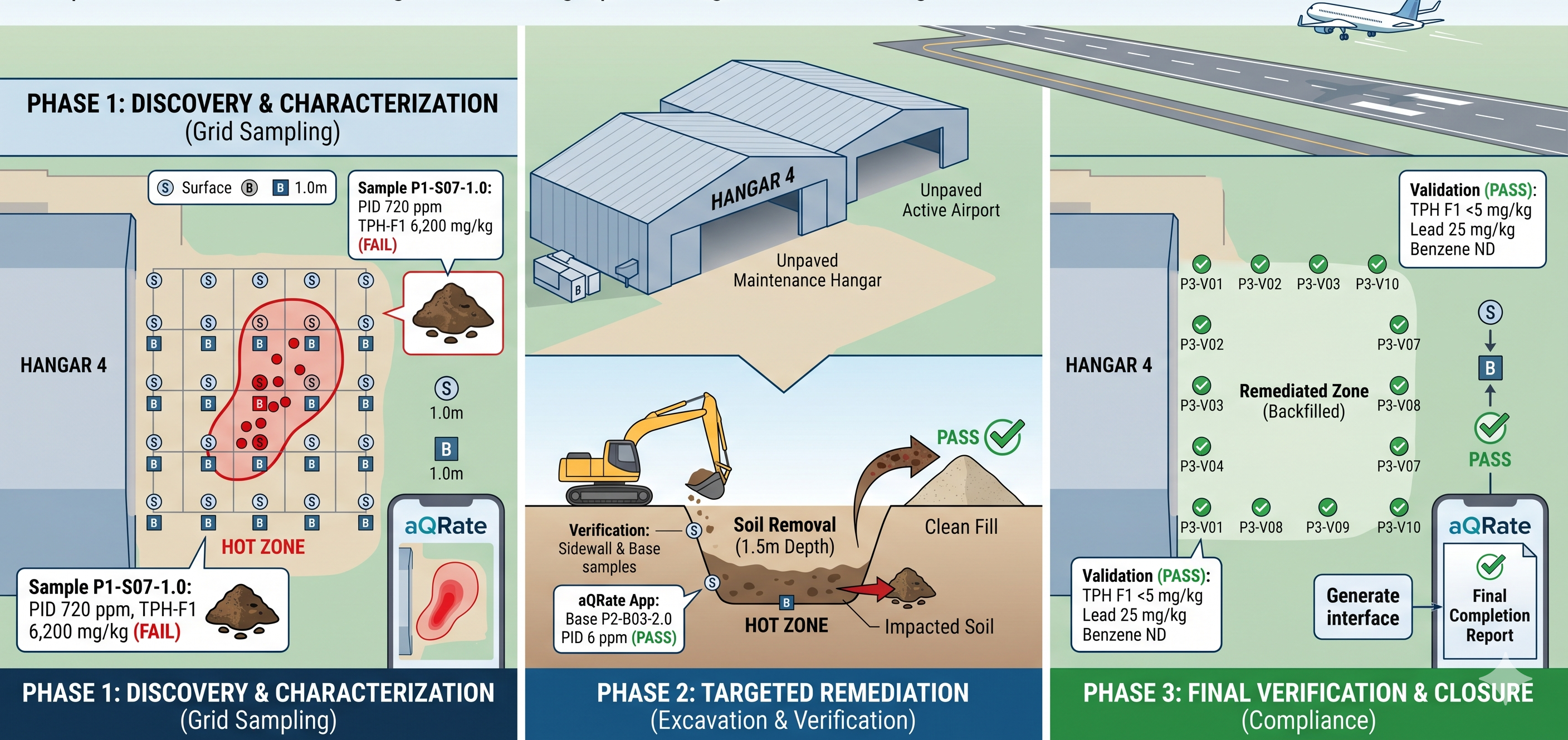 Three-phase soil remediation schematic showing Phase 1 discovery grid sampling around Hangar 4, Phase 2 targeted excavation to 1.5m depth, and Phase 3 final verification with backfilled clean fill